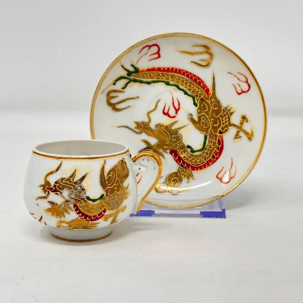 Vintage Japanese Dragonware Moriage Teacup Saucer Geisha Lithophane Fine China